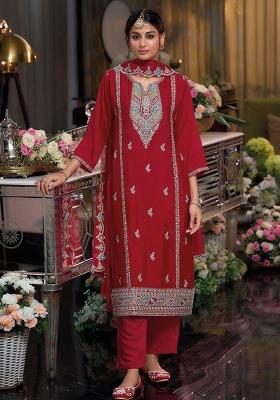Red Sequin Work Silk Palazzo Set