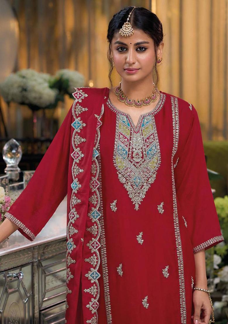 Red Sequin Work Silk Palazzo Set - Indya