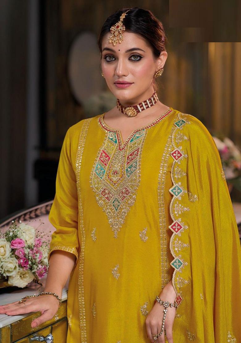 Yellow Sequin Work Silk Palazzo Set - Indya