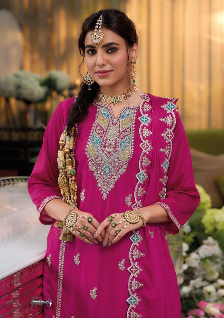 Pink Sequin Work Silk Palazzo Set - Indya