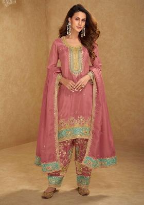 Mustard Yellow Sequin Work Silk Palazzo Set