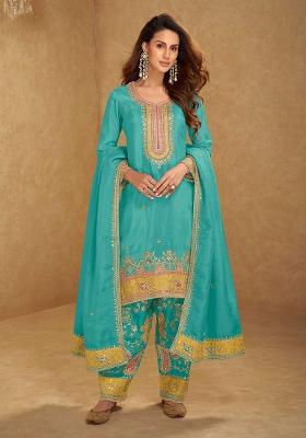 Peacock Blue Sequin Work Silk Palazzo Set