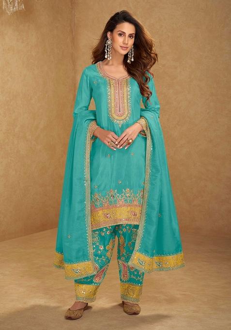 Peacock Blue Sequin Work Silk Palazzo Set