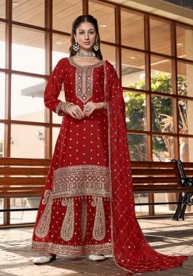 Red Embroidered Silk Palazzo Set