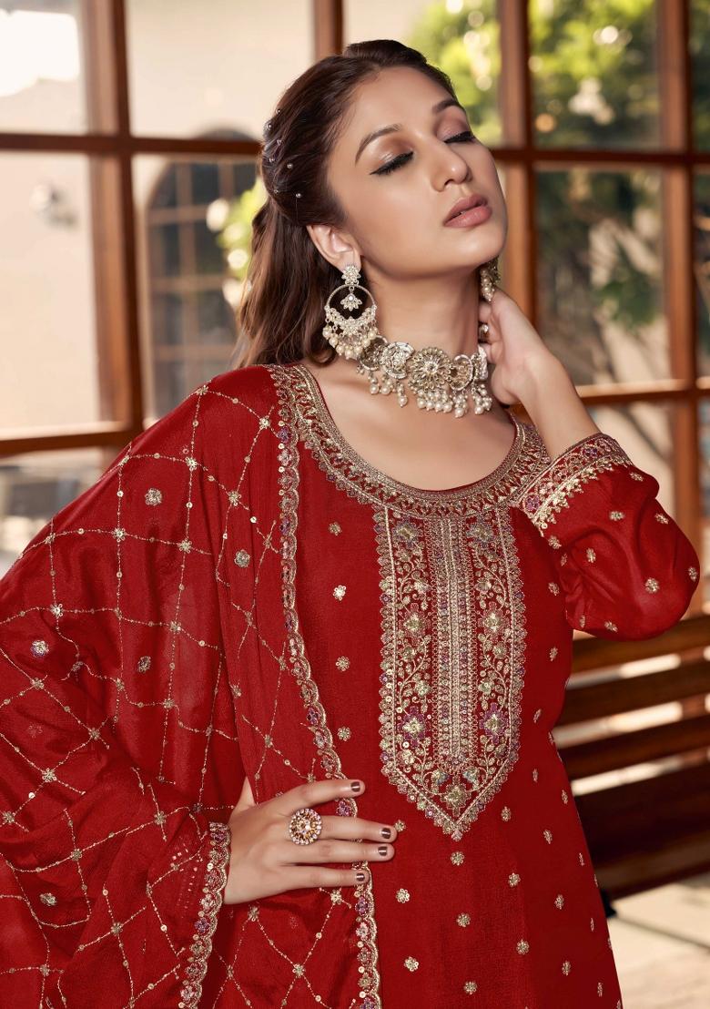 Red Embroidered Silk Palazzo Set - Indya