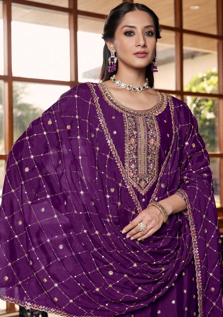 Purple Embroidered Silk Palazzo Set - Indya