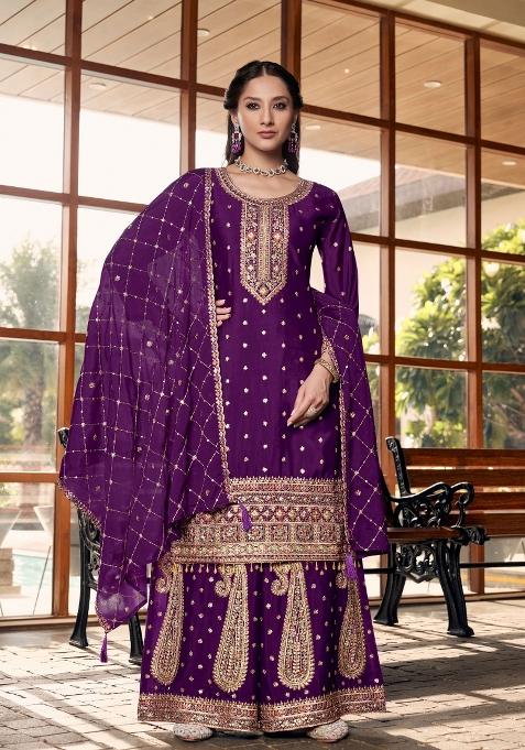 Purple Embroidered Silk Palazzo Set