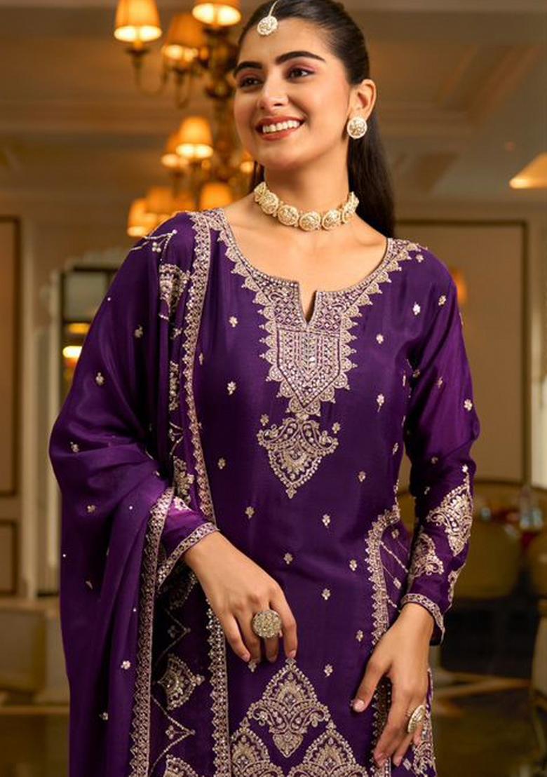 Purple Embroidered Silk Palazzo Set - Indya