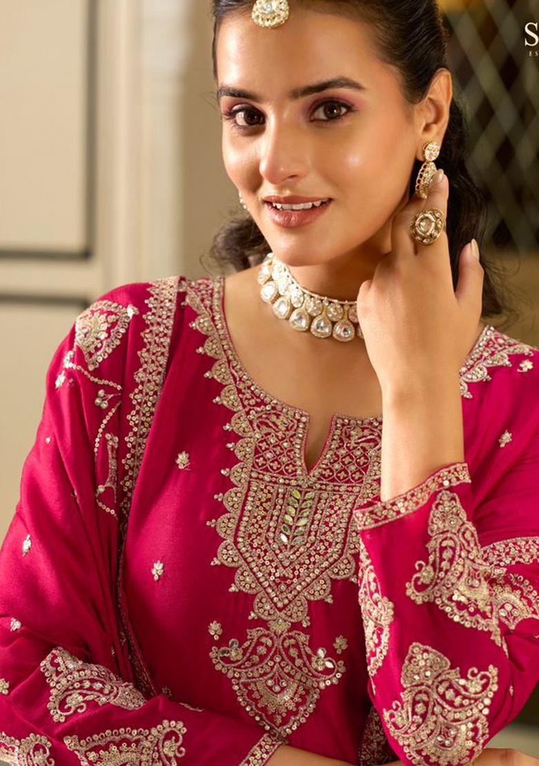 Rani Pink Embroidered Silk Palazzo Set - Indya
