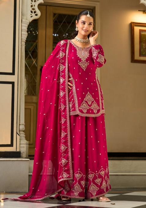 Rani Pink Embroidered Silk Palazzo Set