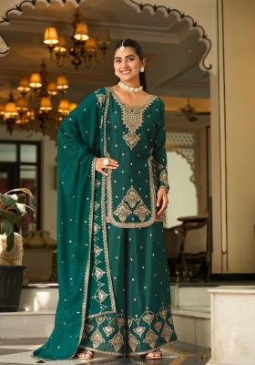 Teal Embroidered Silk Palazzo Set
