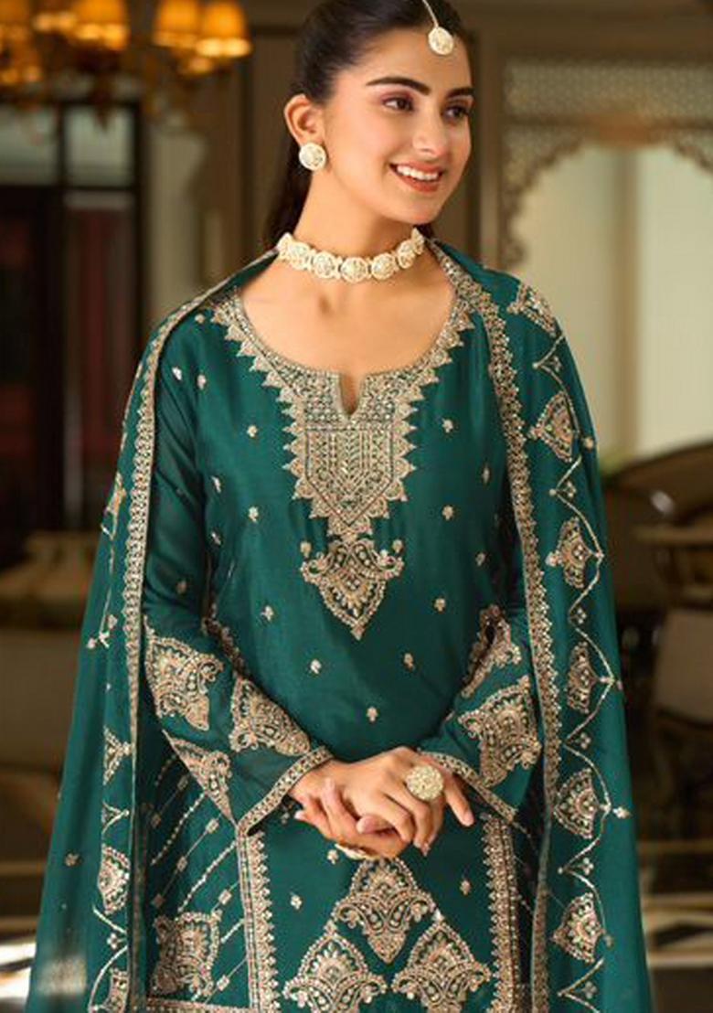 Teal Embroidered Silk Palazzo Set - Indya