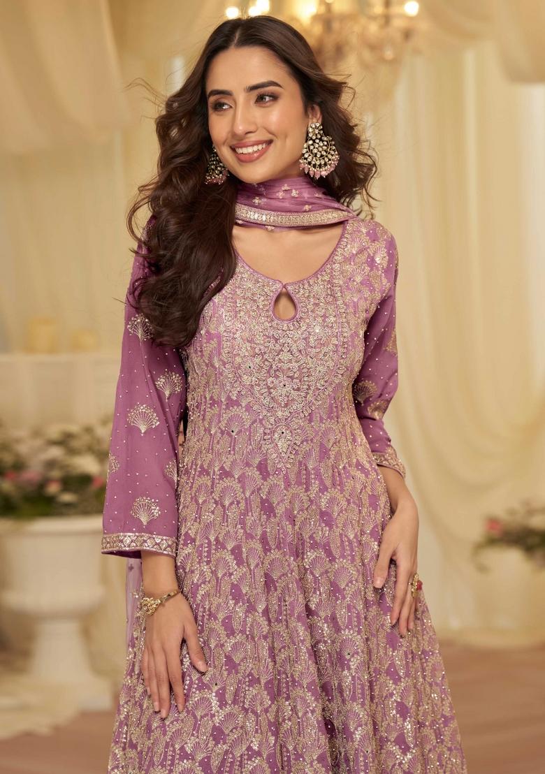 Lavender Sequin Work Georgette Palazzo Set - Indya