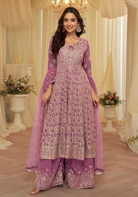 Lavender Sequin Work Georgette Palazzo Set