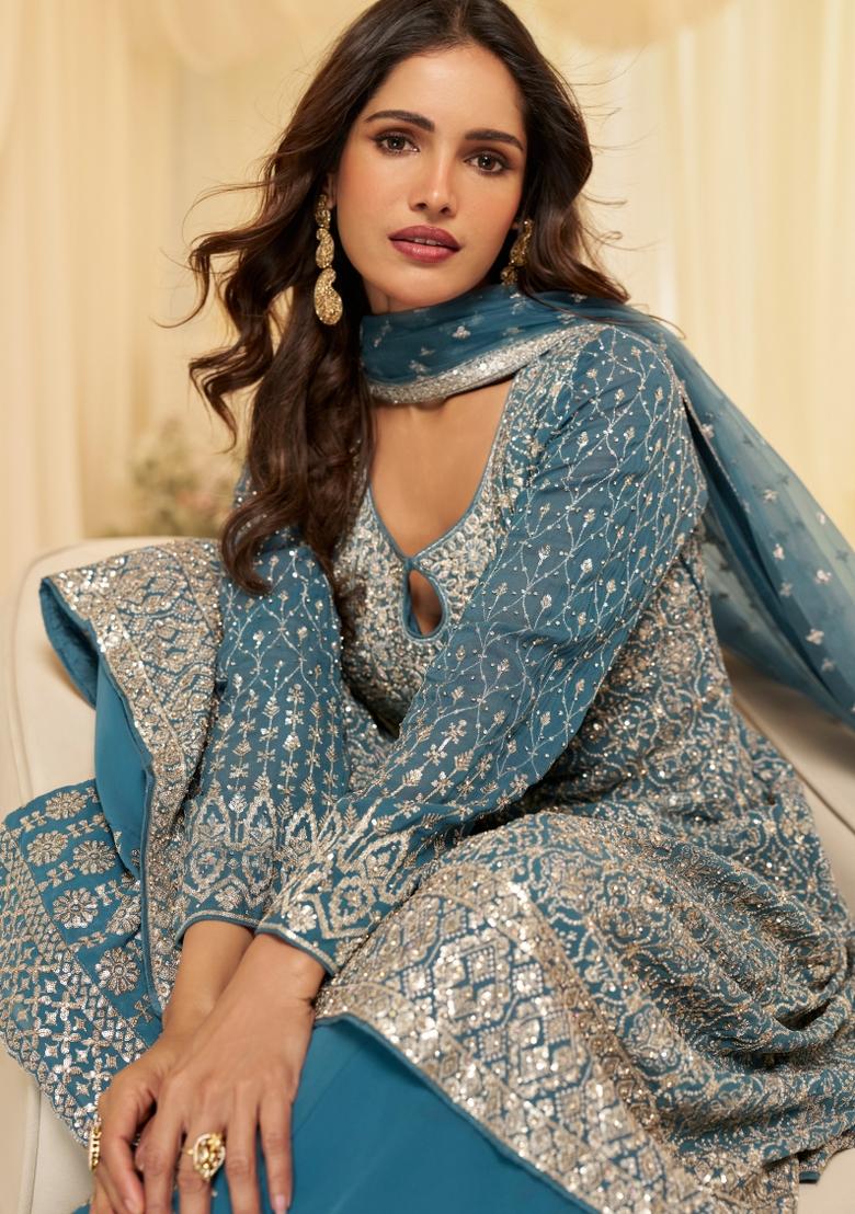 Blue Sequin Work Georgette Palazzo Set - Indya