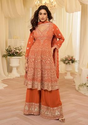 Peach Sequin Work Georgette Palazzo Set