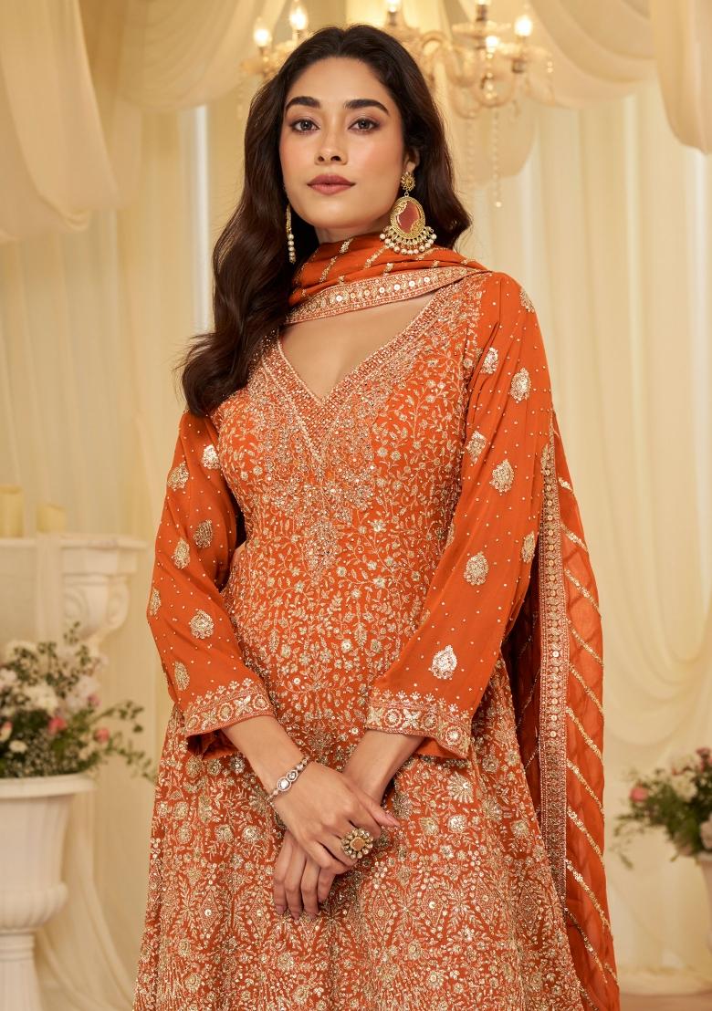 Peach Sequin Work Georgette Palazzo Set - Indya