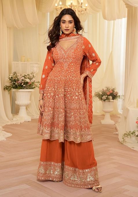 Peach Sequin Work Georgette Palazzo Set