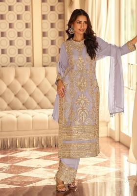 Lavender Sequin Work Georgette Kurta Set