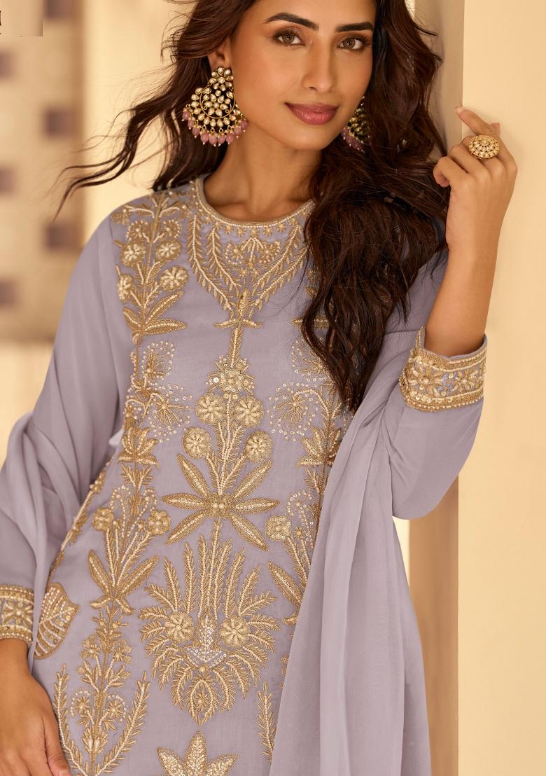 Lavender Sequin Work Georgette Kurta Set - Indya