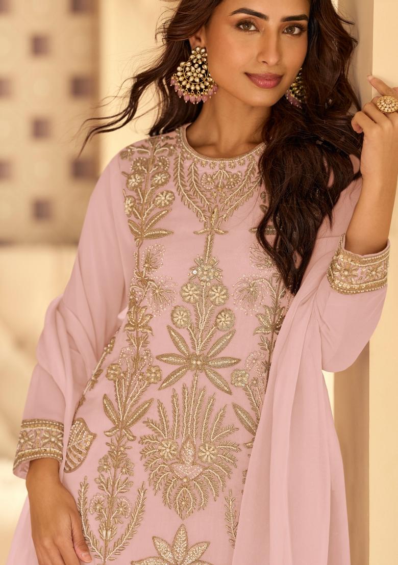 Lilac Sequin Work Georgette Kurta Set - Indya