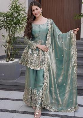 Sky Blue Sequin Work Silk Palazzo Set
