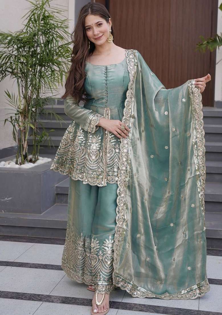 Sky Blue Sequin Work Silk Palazzo Set - Indya