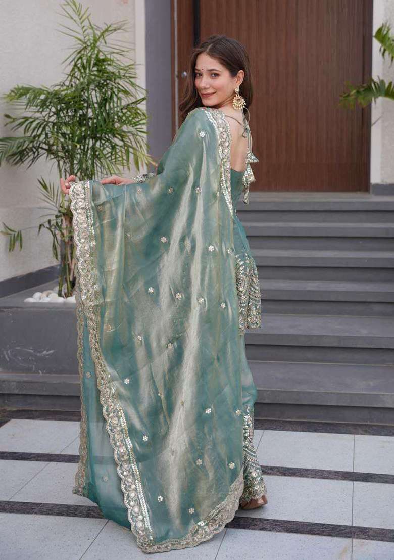Sky Blue Sequin Work Silk Palazzo Set - Indya