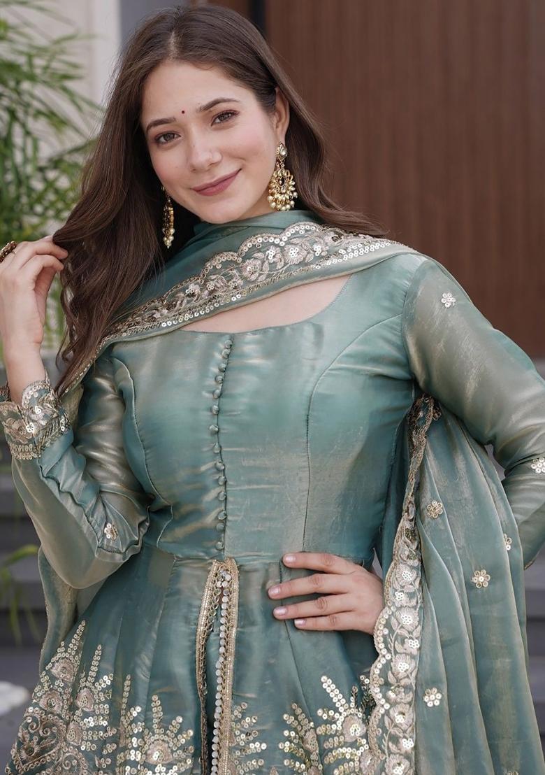 Sky Blue Sequin Work Silk Palazzo Set - Indya