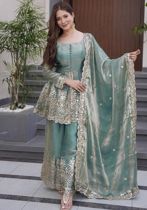 Sky Blue Sequin Work Silk Palazzo Set