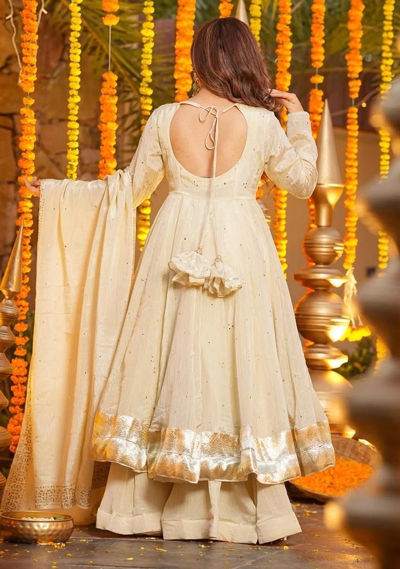 Cream Foil Work Chinon Palazzo Set - Indya