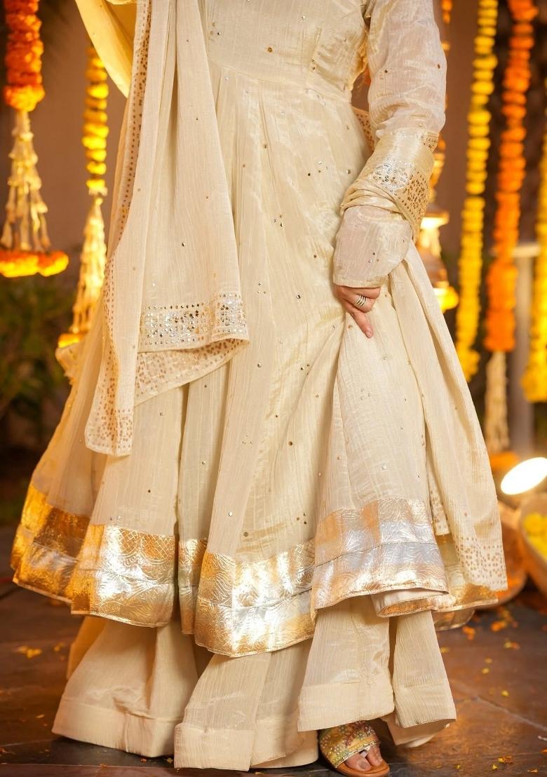 Cream Foil Work Chinon Palazzo Set - Indya