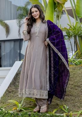 Cream Sequin Work Silk Kurta Set