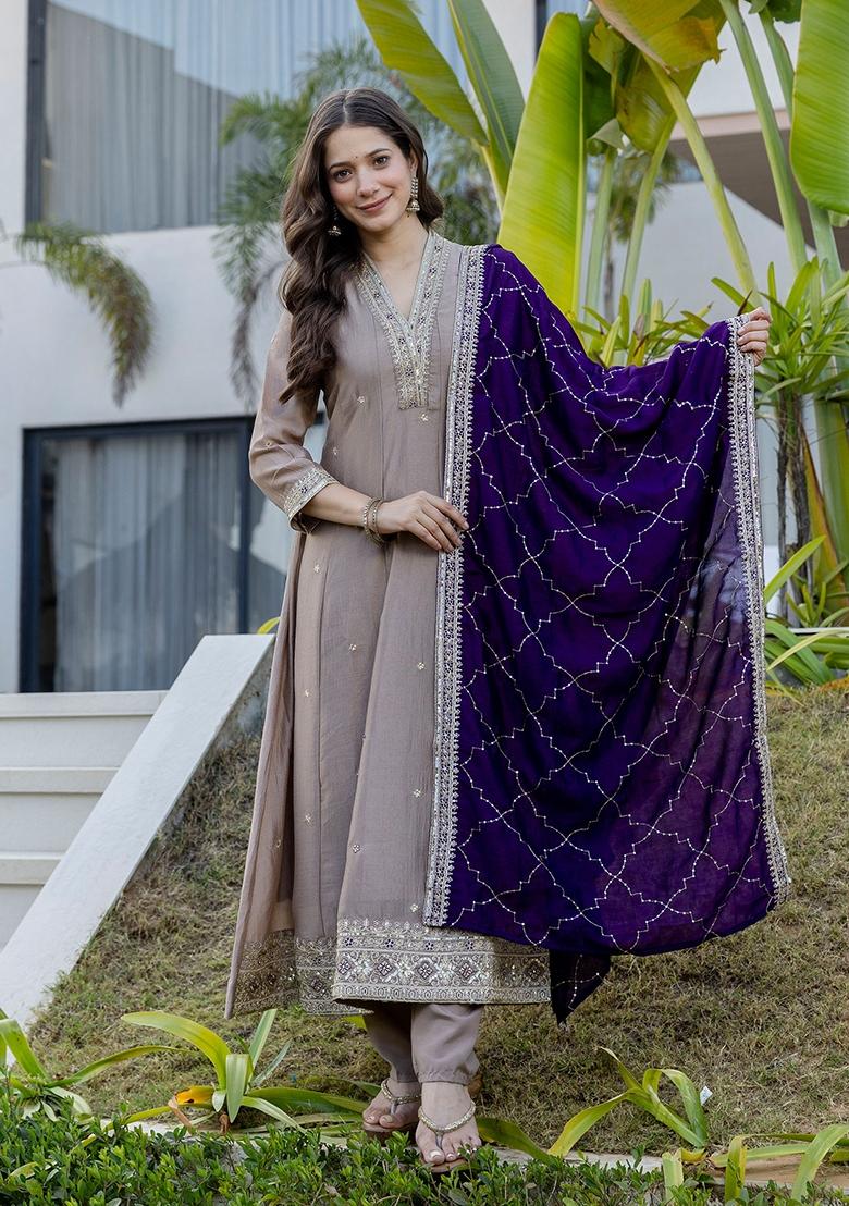 Cream Sequin Work Silk Kurta Set - Indya