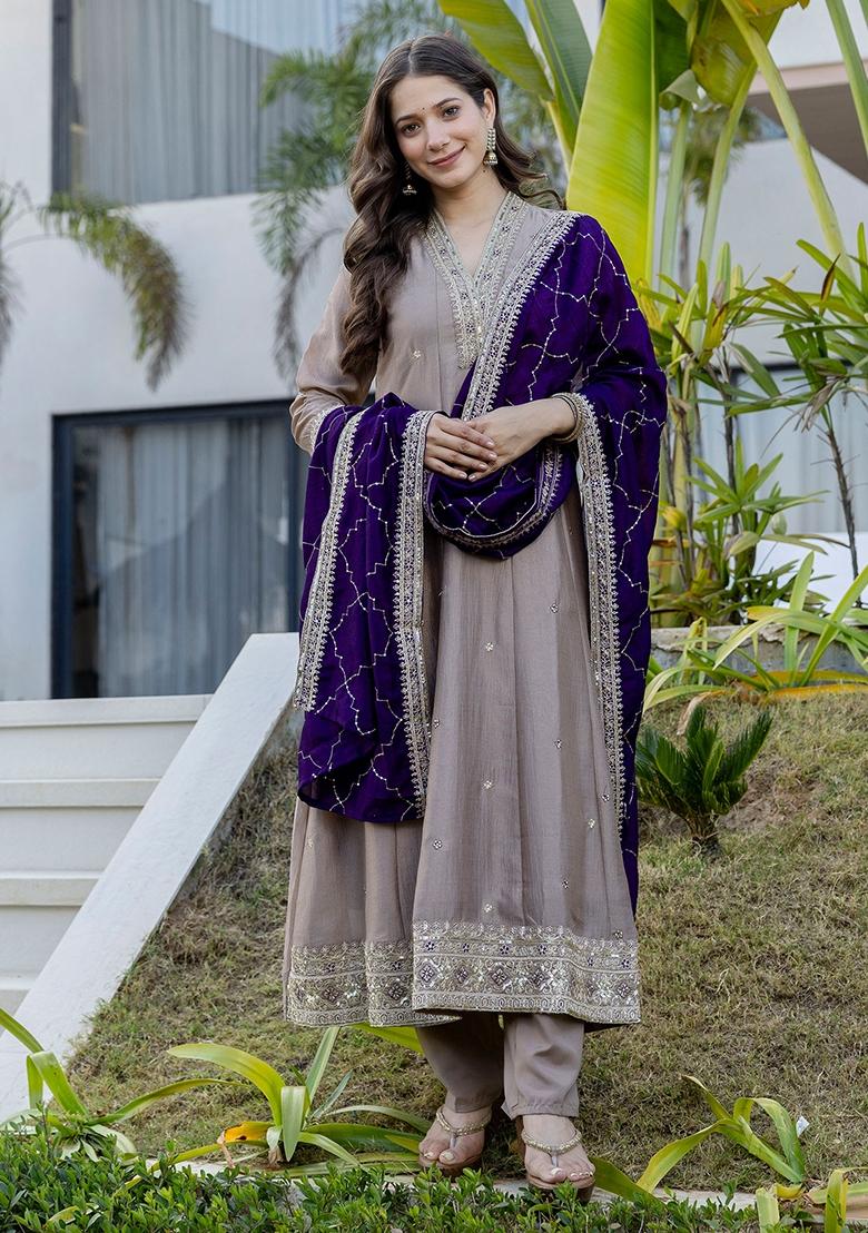 Cream Sequin Work Silk Kurta Set - Indya