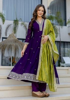 Navy Blue Sequin Work Silk Kurta Set