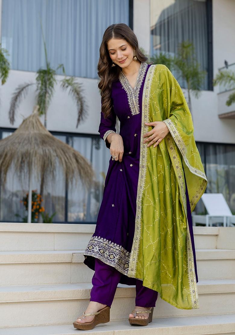 Navy Blue Sequin Work Silk Kurta Set - Indya