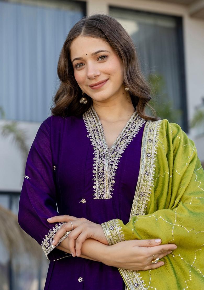 Navy Blue Sequin Work Silk Kurta Set - Indya