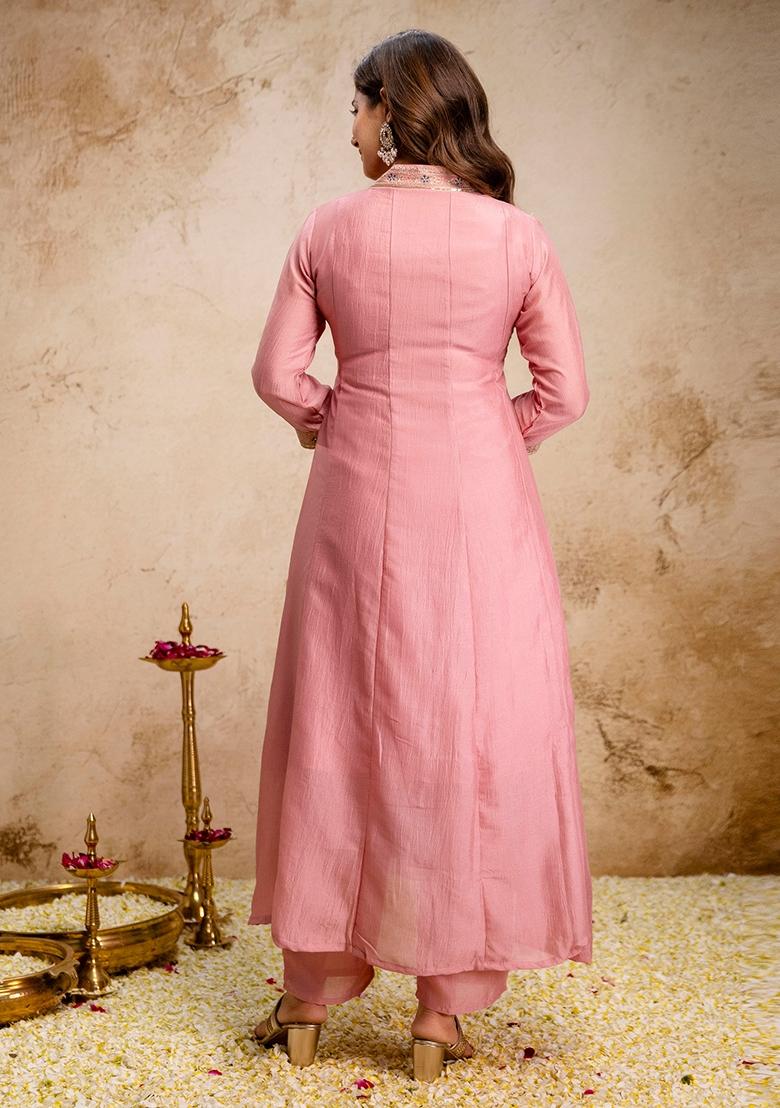 Pink Sequin Work Silk Kurta Set - Indya