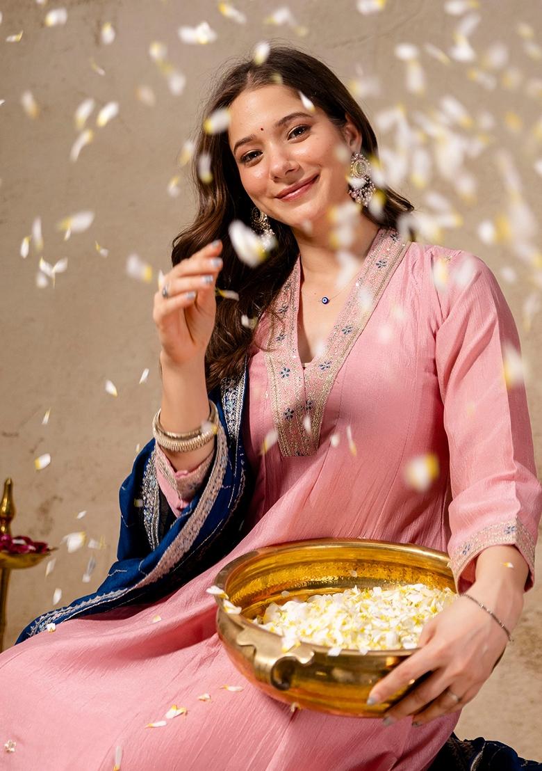 Pink Sequin Work Silk Kurta Set - Indya