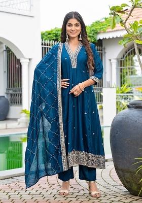 Purple Sequin Work Silk Kurta Set