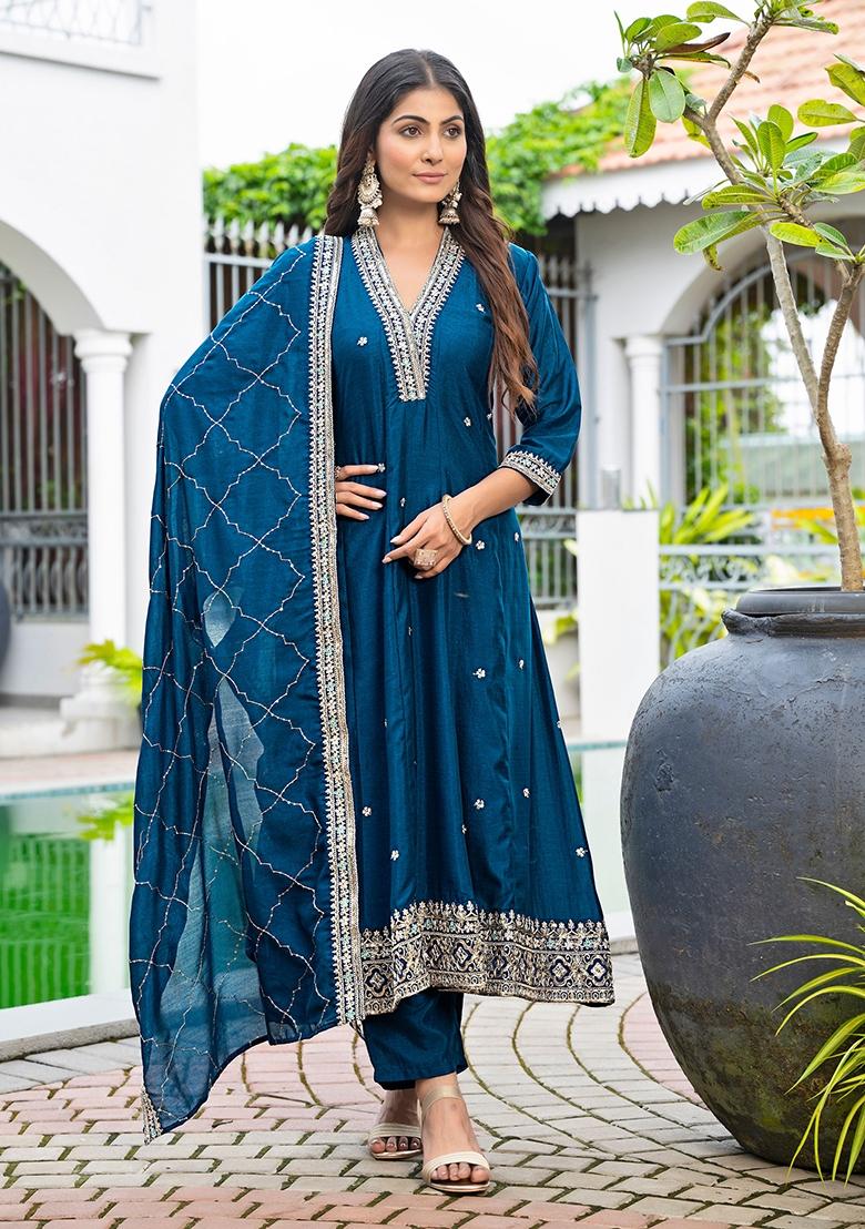 Purple Sequin Work Silk Kurta Set - Indya
