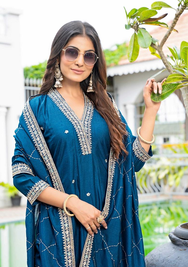 Purple Sequin Work Silk Kurta Set - Indya