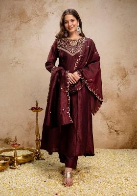 Coffee Sequin Work Silk Kurta Set