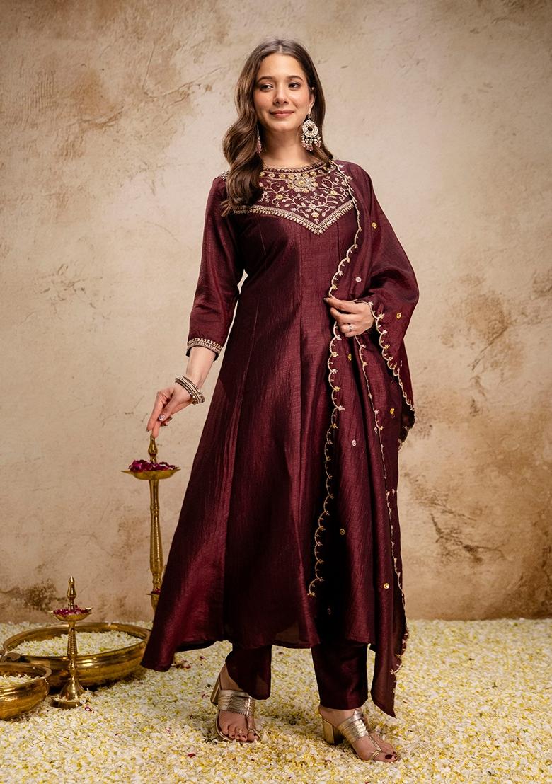 Coffee Sequin Work Silk Kurta Set - Indya