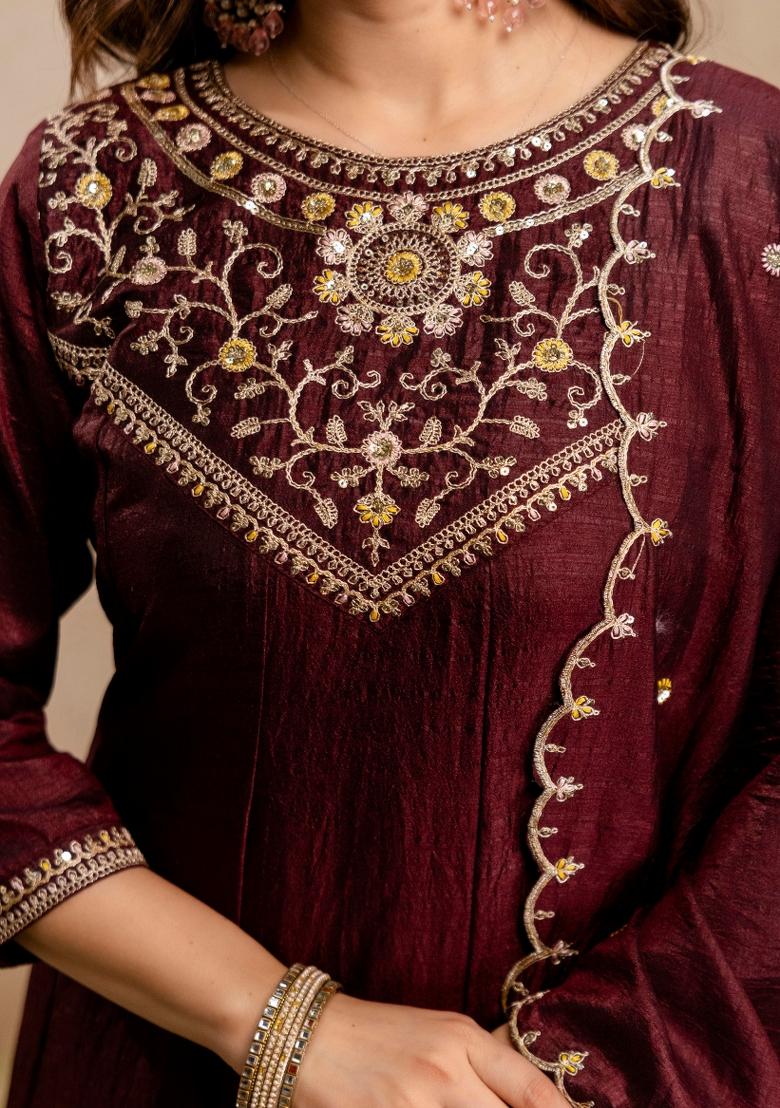 Coffee Sequin Work Silk Kurta Set - Indya