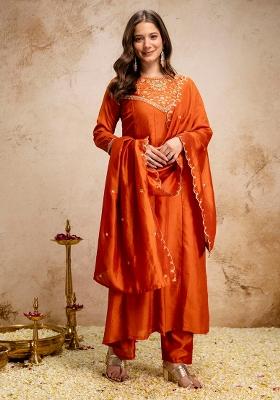Orange Sequin Work Silk Kurta Set