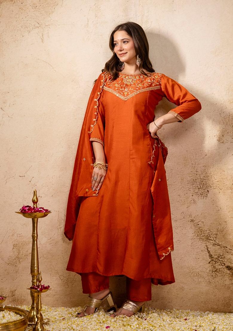 Orange Sequin Work Silk Kurta Set - Indya