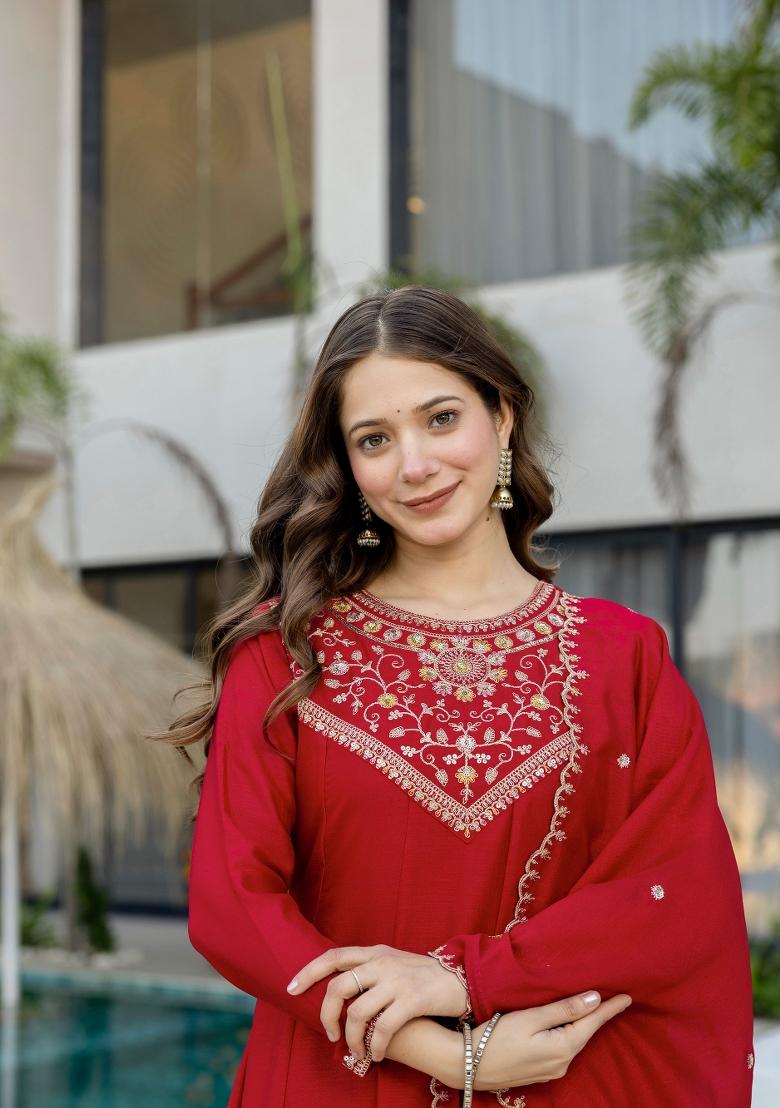 Red Sequin Work Silk Kurta Set - Indya