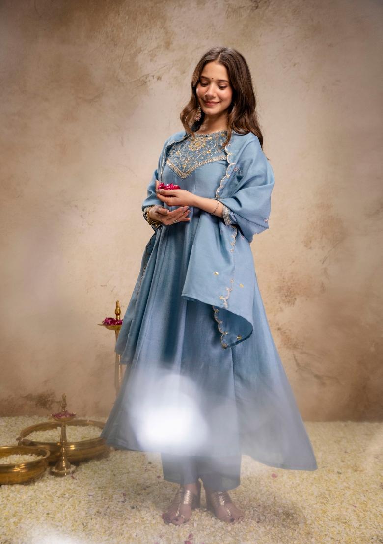 Sky Blue Sequin Work Silk Kurta Set - Indya